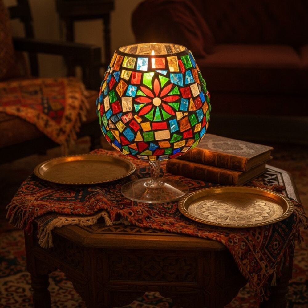 Oversized Stained Glass Mosaic Goblet Candle Holder-Boho-Moroccan-Lantern-Light